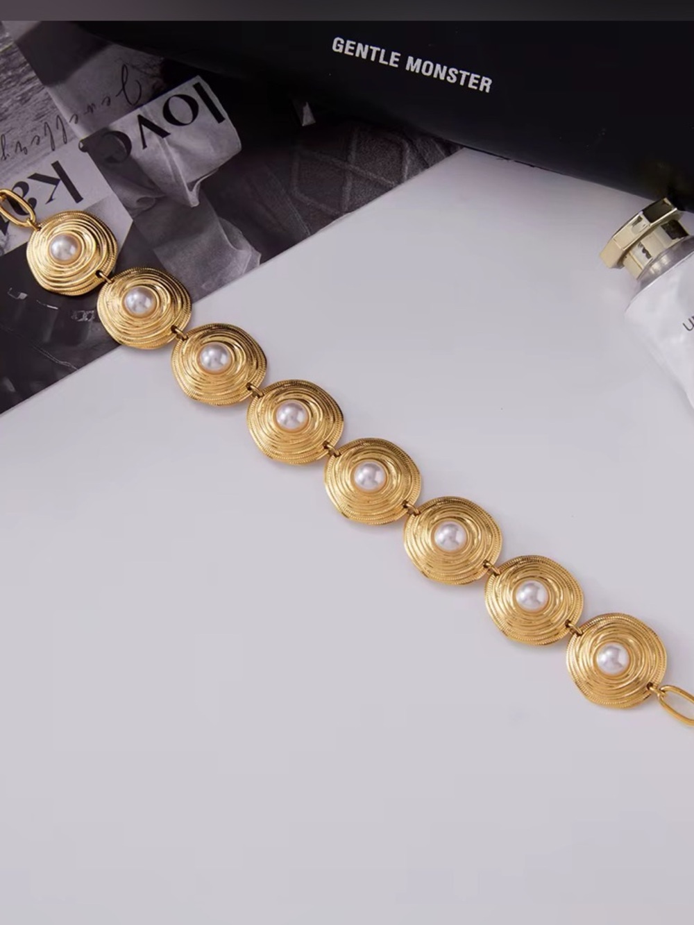 18K Gold Plated Pearl Medallion Statement Necklace - Picture 4 of 8